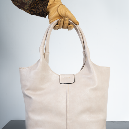 Oval | Plain Leather Hobo Bag - Beige