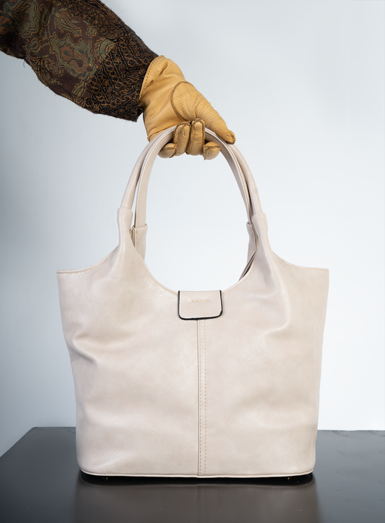 Oval | Plain Leather Hobo Bag - Beige