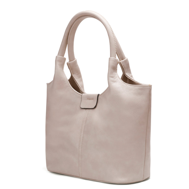 Oval | Plain Leather Hobo Bag - Beige